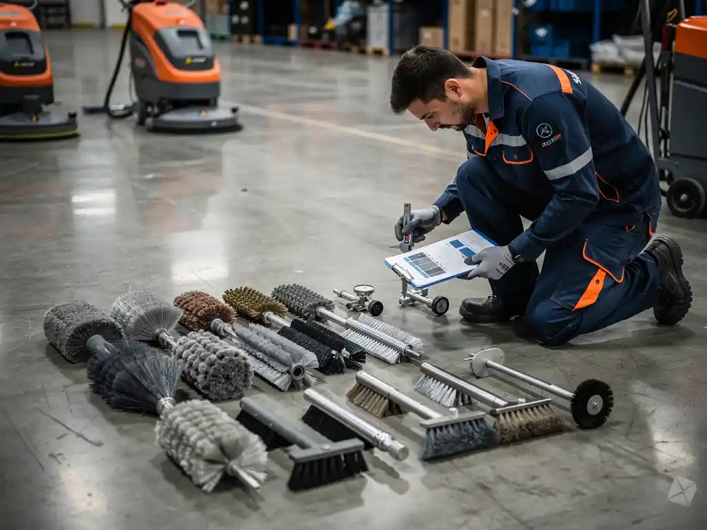 Professionele schoonmaaktechnicus test verschillende schrob borstels op betonnen magazijnvloer met meetgereedschap