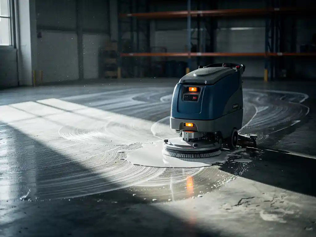 Batterij-aangedreven vloerschrobmachine met lege accu-indicator in industriële magazijn, reinigingsvloeistof onder stilstaande borstels
