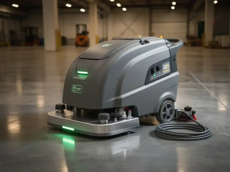 Moderne vloerschrobbmachine met groene LED-energie-indicatoren op gepolijste betonnen magazijnvloer, stroomkabel netjes opgerold