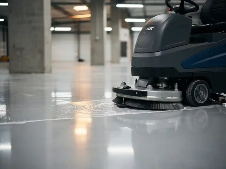 Professionele rijdende schrobmachine reinigt glanzende grijze epoxyvloer in moderne magazijnomgeving met betonnen pilaren