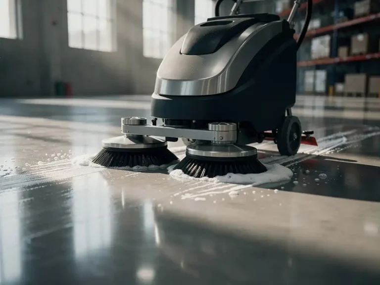 Professionele schrobmachine met roterende borstels op gepolijste betonvloer in industriële loods met natuurlijk licht