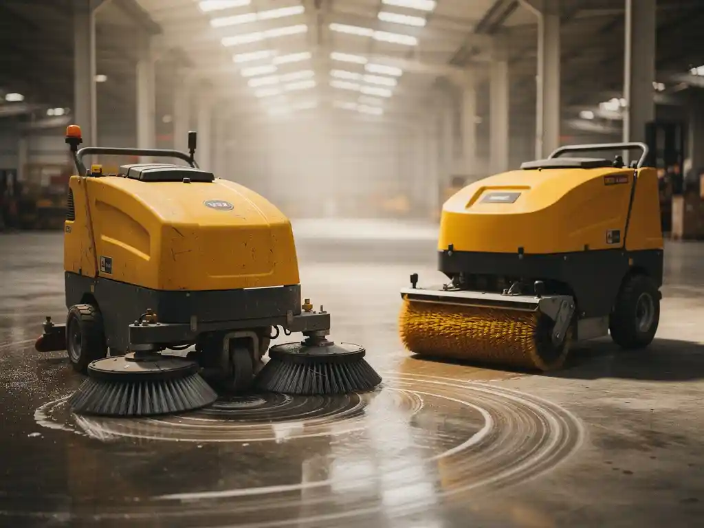 Industri&euml;le schoonmaakmachines met roterende borstels reinigen natte betonvloer in magazijn met natuurlijke verlichting