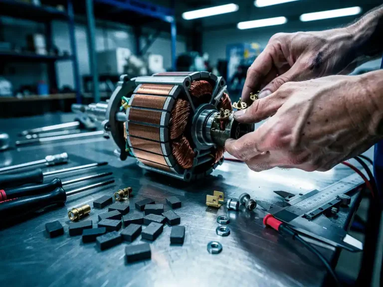 Gedemonteerde schrobmachine motor met blootliggende koperen wikkelingen en versleten koolborstels op werkbank, technicus onderzoekt verbindingen