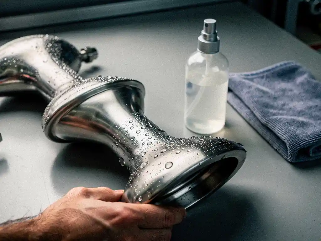 Glanzende roestvrijstalen onderdelen van schrobmachine met waterdruppels, beschermende coating spray en microvezeldoek op werkbank