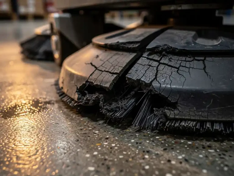 Versleten zwarte rubberen wisserbladen van industriële schrobmachine met scheuren en rafelige randen op gepolijste betonvloer