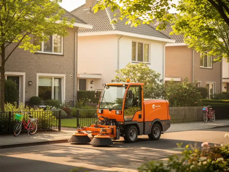Oranje straatveegmachine geparkeerd in rustige Nederlandse woonwijk met moderne huizen en kinderfietsen