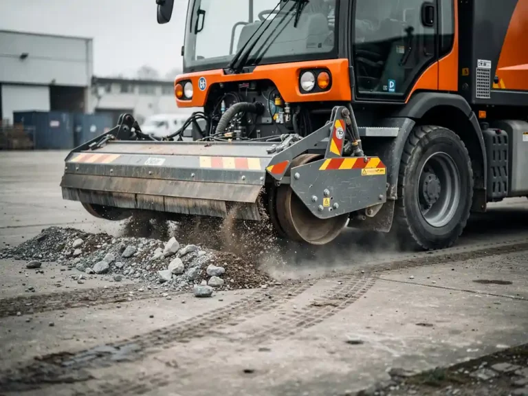 Industriële veegmachine verzamelt grind en stenen van verweerd betonnen wegdek, oranje accenten, realistische buitenomgeving