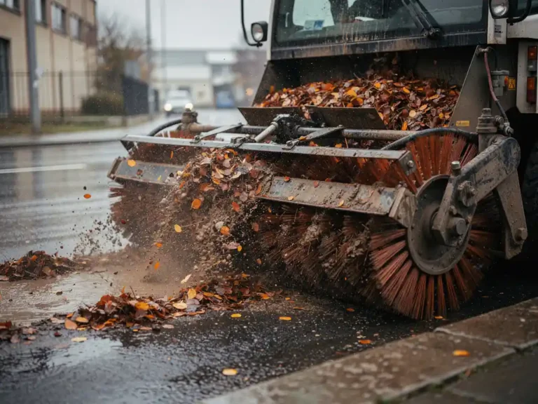 Professionele straatveegmachine met roterende borstels ruimt natte herfstbladeren en modder van asfalt, water spuit uit reinigingsmechanisme