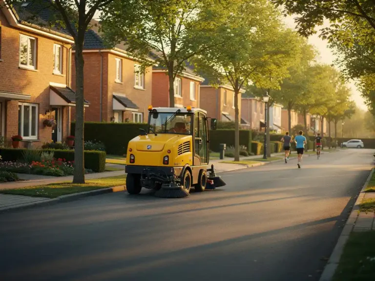 Gele veegmachine rijdt door rustige woonwijk bij dageraad, bakstenen huizen met tuintjes langs schone straat
