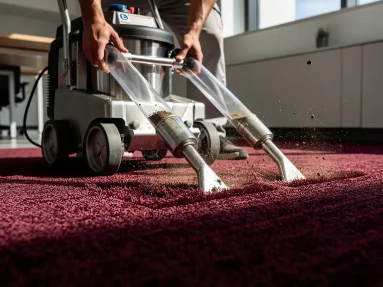 Industriële tapijtreinigingsmachine zuigt vuil uit donkerrode kantoorvloerbedekking met krachtige slangen