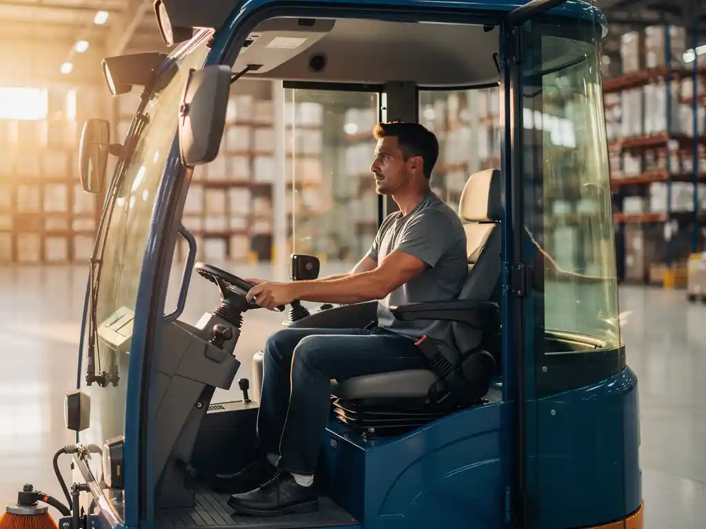 Operator in glazen cabine van moderne industri&euml;le vloerveegmachine met ergonomische bediening in schoon magazijn