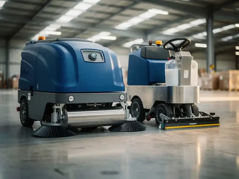 Moderne rijdende veegmachine en duwbare schrobmachine op gepolijste betonvloer in magazijn onder LED-verlichting