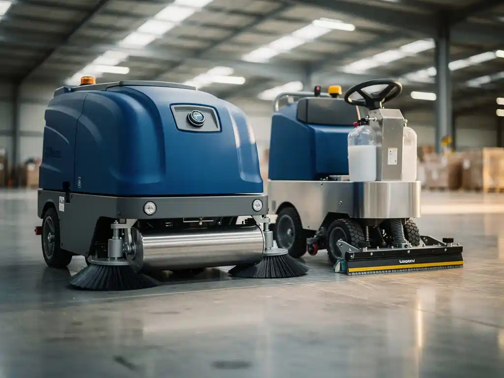 Moderne rijdende veegmachine en duwbare schrobmachine op gepolijste betonvloer in magazijn onder LED-verlichting
