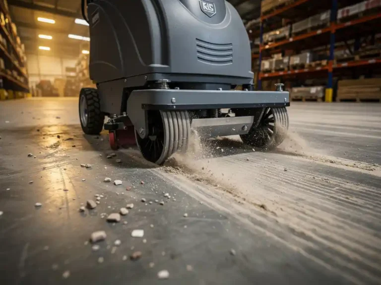 Professionele vloerreiniging machine met roterende borstels veegt puin op betonnen magazijnvloer onder warme verlichting