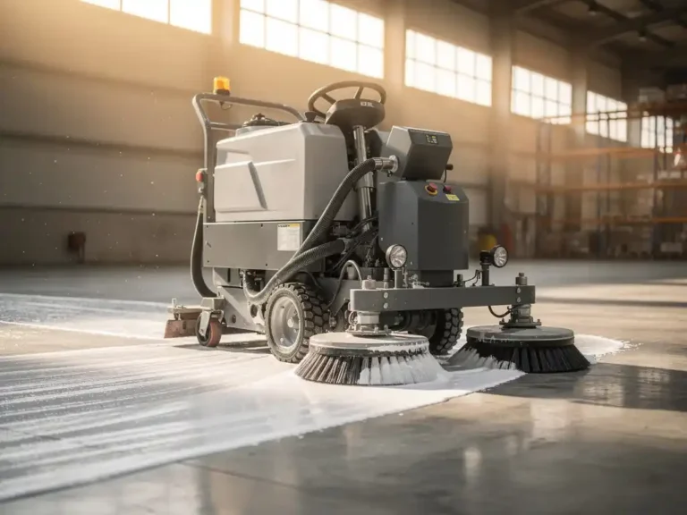 Professionele vloerschrobmachine met roterende borstels reinigt industriële magazijnvloer, nat spoor van water en schoonmaakmiddel