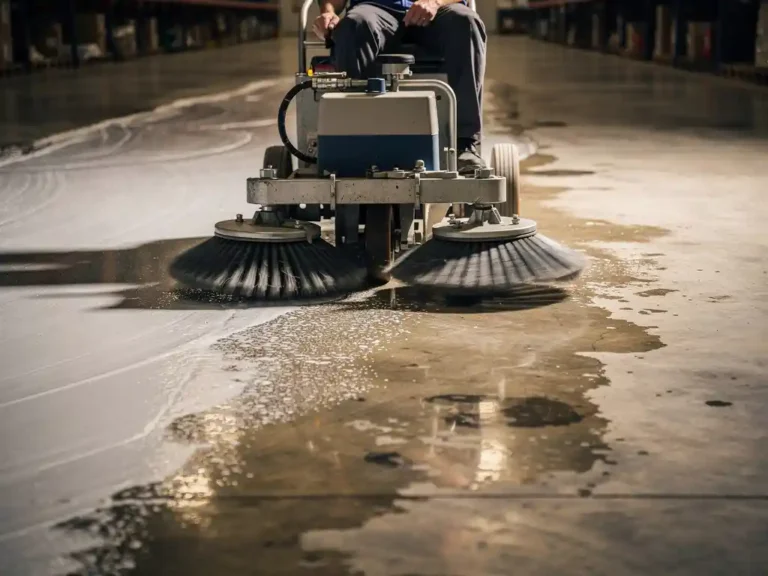 Professionele vloerschrobmachine met roterende borstels reinigt industriële betonvloer, nat spoor achterlatend op stoffige ondergrond