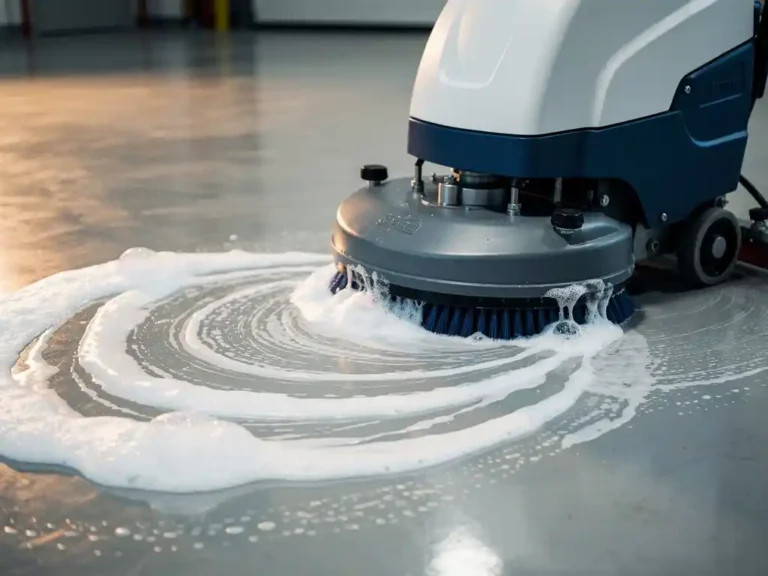 Professionele vloerschrobmachine verspreidt schuimend desinfectiemiddel op betonnen industrievloer onder TL-verlichting
