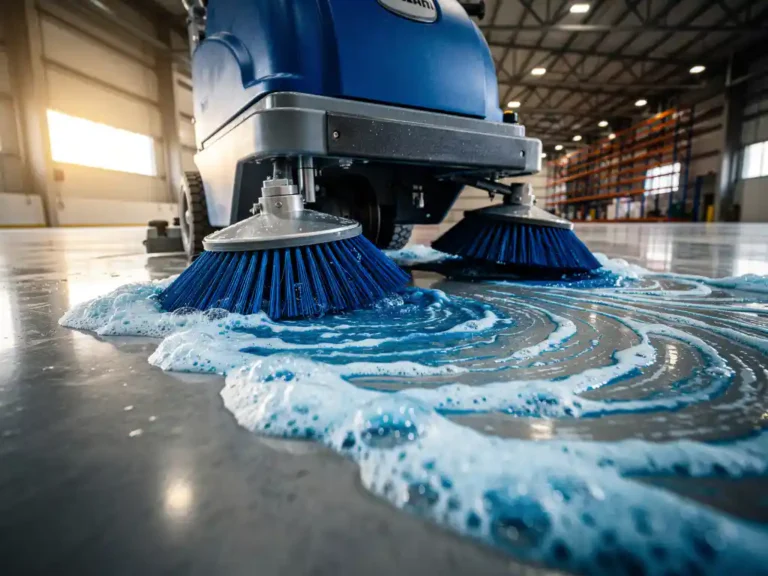 Professionele vloerschrobmachine verspreidt blauwe reinigingsoplossing op gepolijste betonvloer in magazijn
