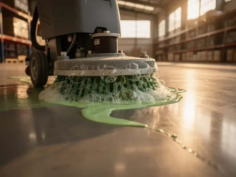 Professionele vloerschrobmachine verspreidt groene milieuvriendelijke reinigingsoplossing op gepolijste betonvloer in magazijn
