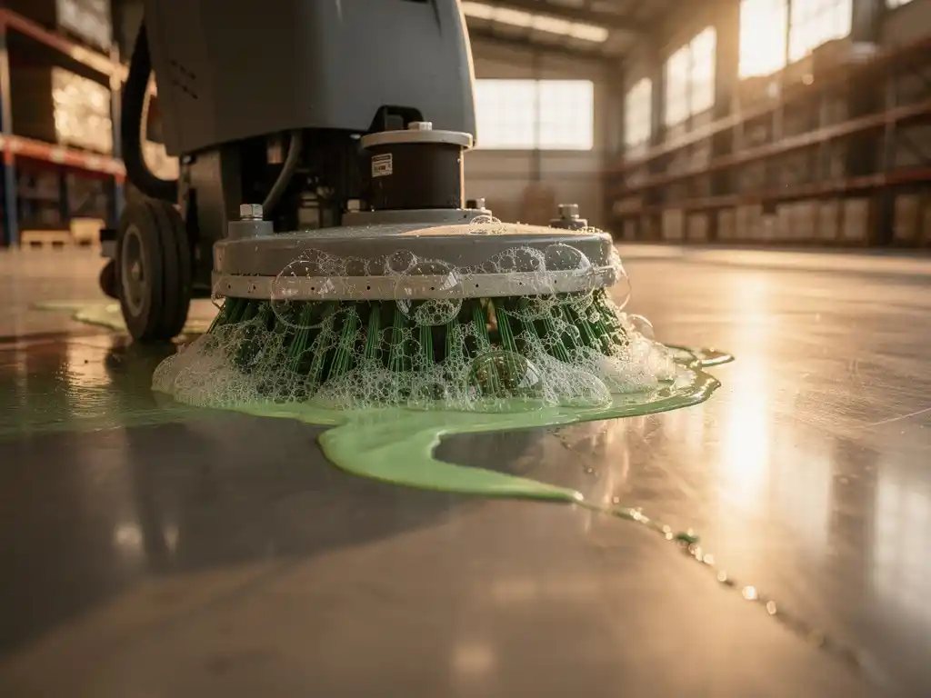 Professionele vloerschrobmachine verspreidt groene milieuvriendelijke reinigingsoplossing op gepolijste betonvloer in magazijn