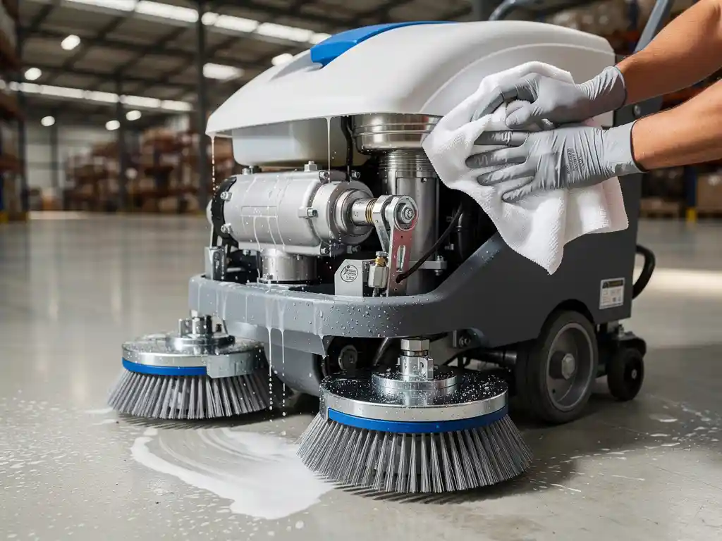 Professionele vloerschrobmachine wordt schoongemaakt met microvezeldoek door gehandschoende handen in heldere magazijnruimte