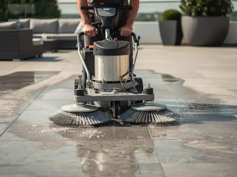Professionele vloerschrobmachine met roterende borstels reinigt natte stenen tegels op ruim buitenterras
