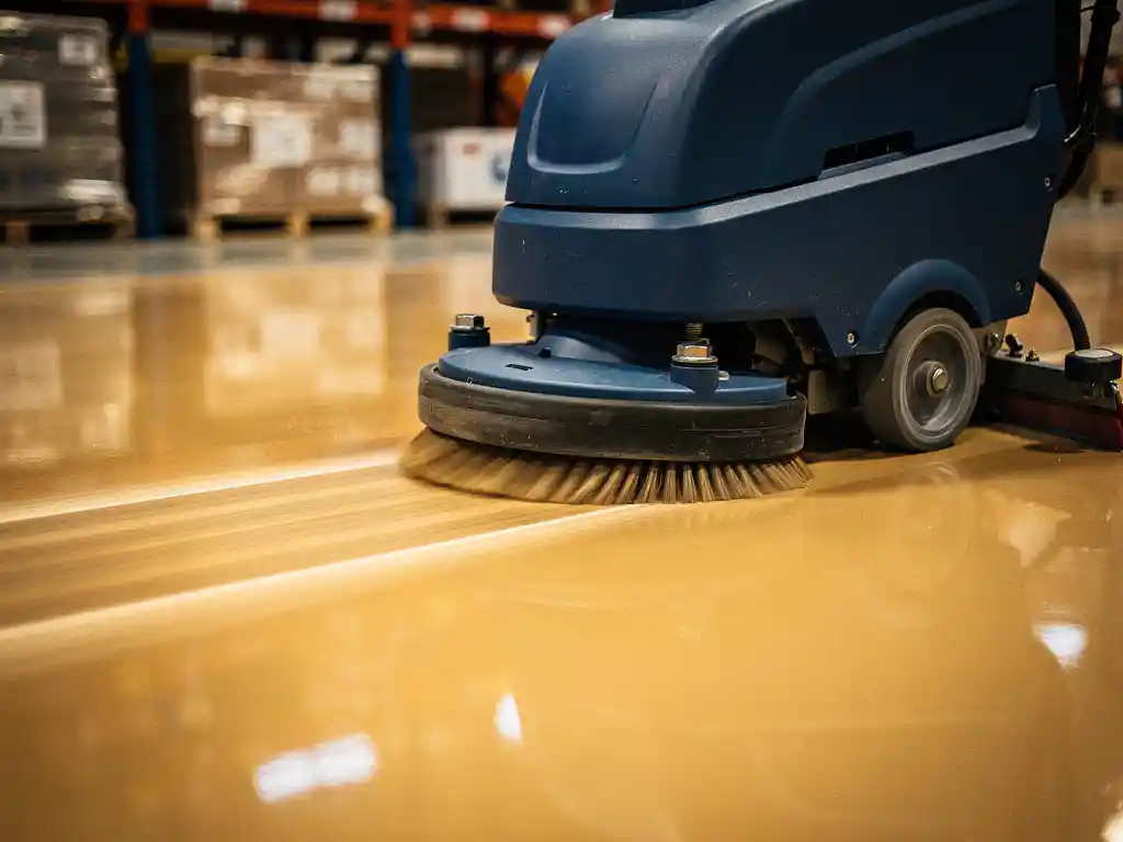 Professionele vloerschrobmachine met zachte roterende borstels reinigt glanzende gecoate industri&euml;le vloer in warme magazijnverlichting