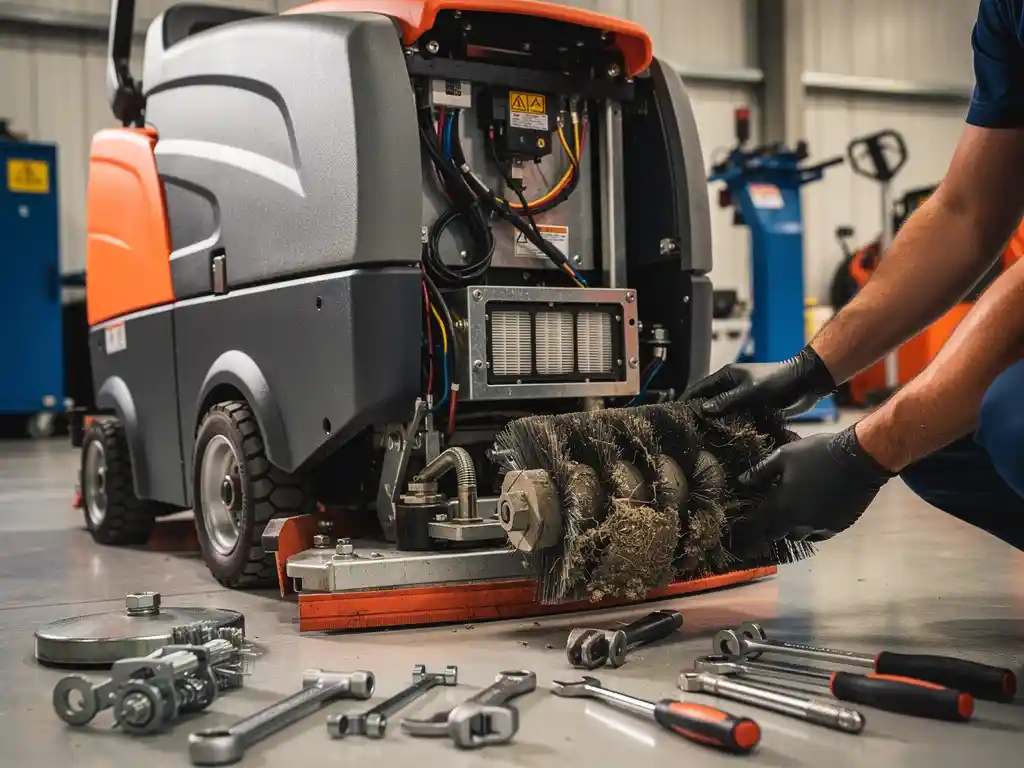 Professionele vloerveegmachine met open onderhoudspaneel, technicus inspecteert versleten borstels, reserveonderdelen op werkplaatsvloer