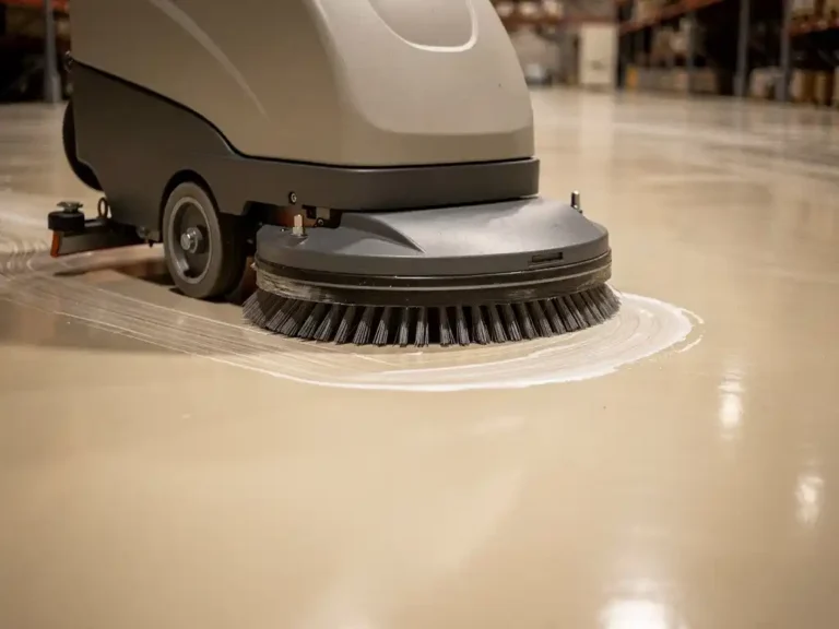 Professionele vloerschrobmachine met roterende borstels reinigt glanzende linoleumvloer in industriële loods
