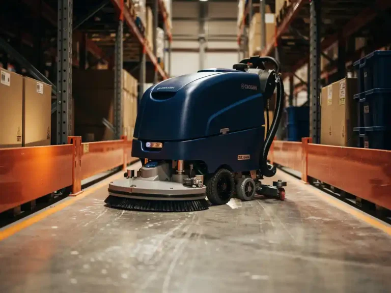 Compacte vloerschrobmachine navigeert door smalle magazijngang tussen hoge metalen stellingen, gepolijste betonvloer