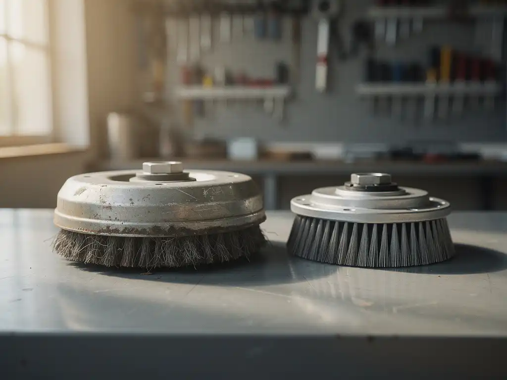 Versleten metalen borstelonderdeel naast nieuw vervangingsonderdeel op industriële werkbank, workshop omgeving