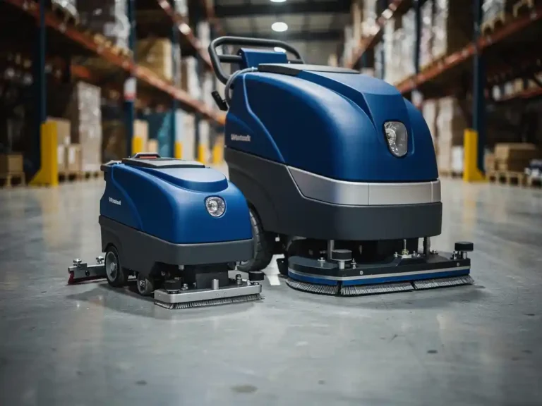Compacte vloerschrobber naast grote industriële schrobmachine op gepolijste betonvloer in magazijn