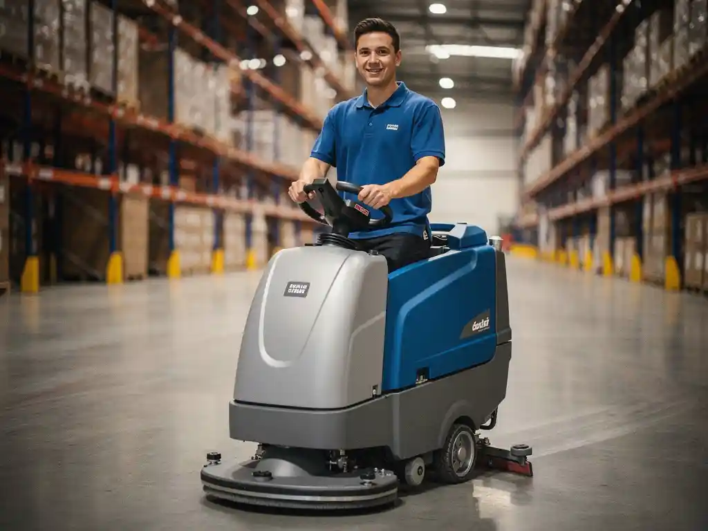 Professionele schoonmaker bedient industri&euml;le vloerschrobmachine in magazijn met ergonomische handgreep en LED-verlichting
