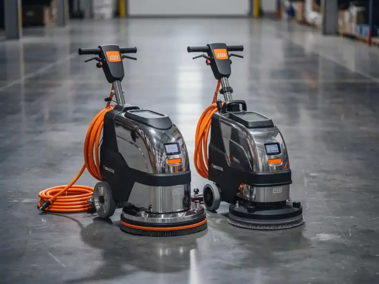 Professionele vloerschrobmachines met oranje stroomkabel op gepolijste betonvloer in industriële magazijnruimte
