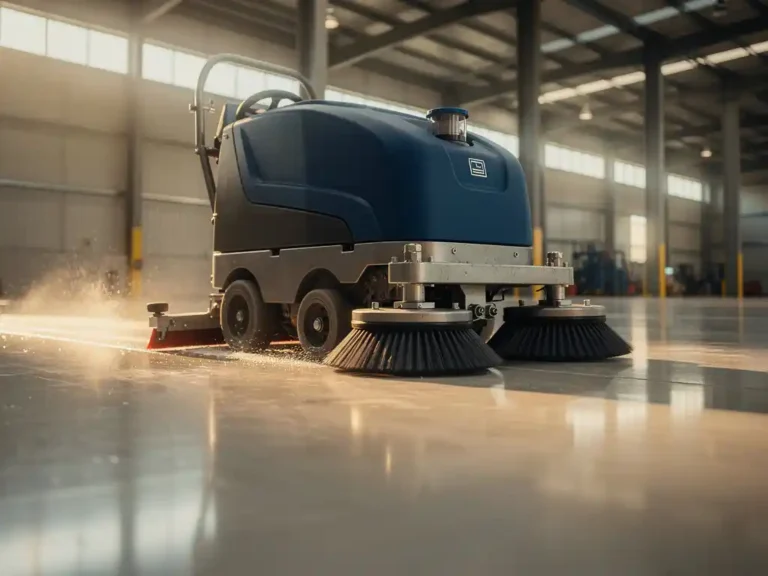 Professionele vloerschrobmachine met roterende borstels reinigt betonnen magazijnvloer in industriële hal met natuurlijk licht
