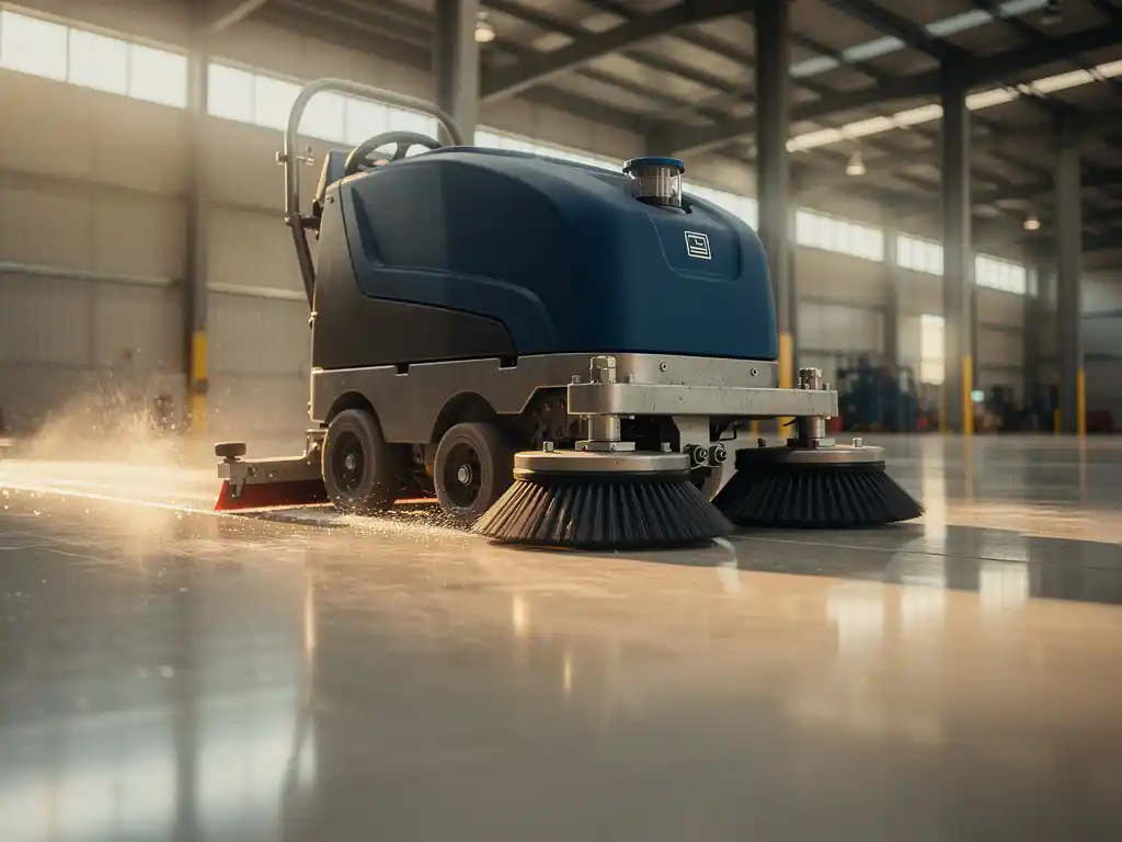 Professionele vloerschrobmachine met roterende borstels reinigt betonnen magazijnvloer in industri&euml;le hal met natuurlijk licht