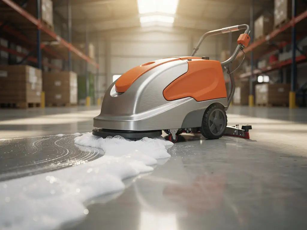 Compacte vloerschrobmachine met oranje en zilveren details op gepolijste betonvloer in magazijn, zeepsop en waterdruppels zichtbaar