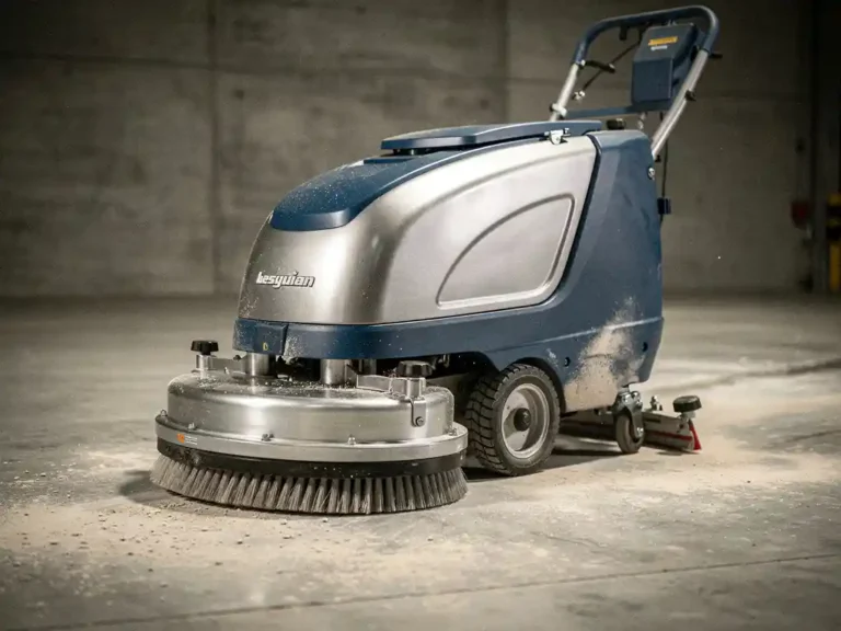 Professionele vloerschrobmachine met droge borstels op industriële betonvloer in magazijn met warme verlichting