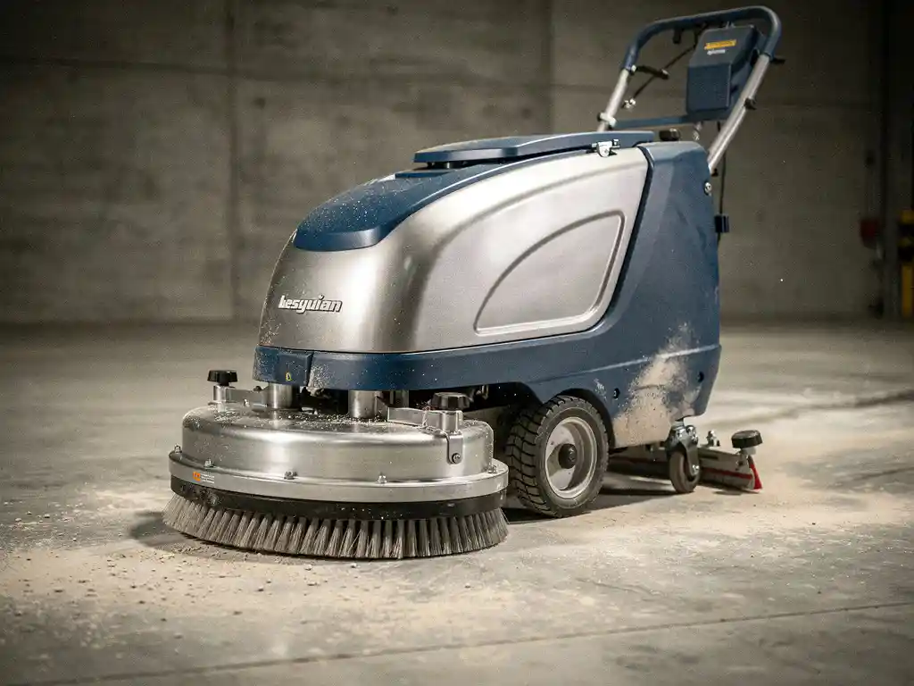 Professionele vloerschrobmachine met droge borstels op industri&euml;le betonvloer in magazijn met warme verlichting