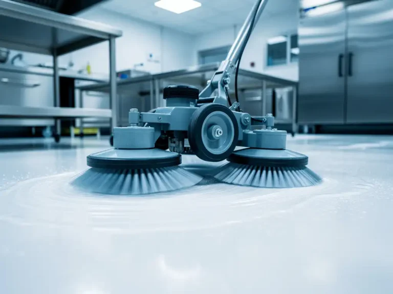 Professionele vloerschrobmachine met roterende borstels reinigt witte industriële keukenvloer in steriele omgeving