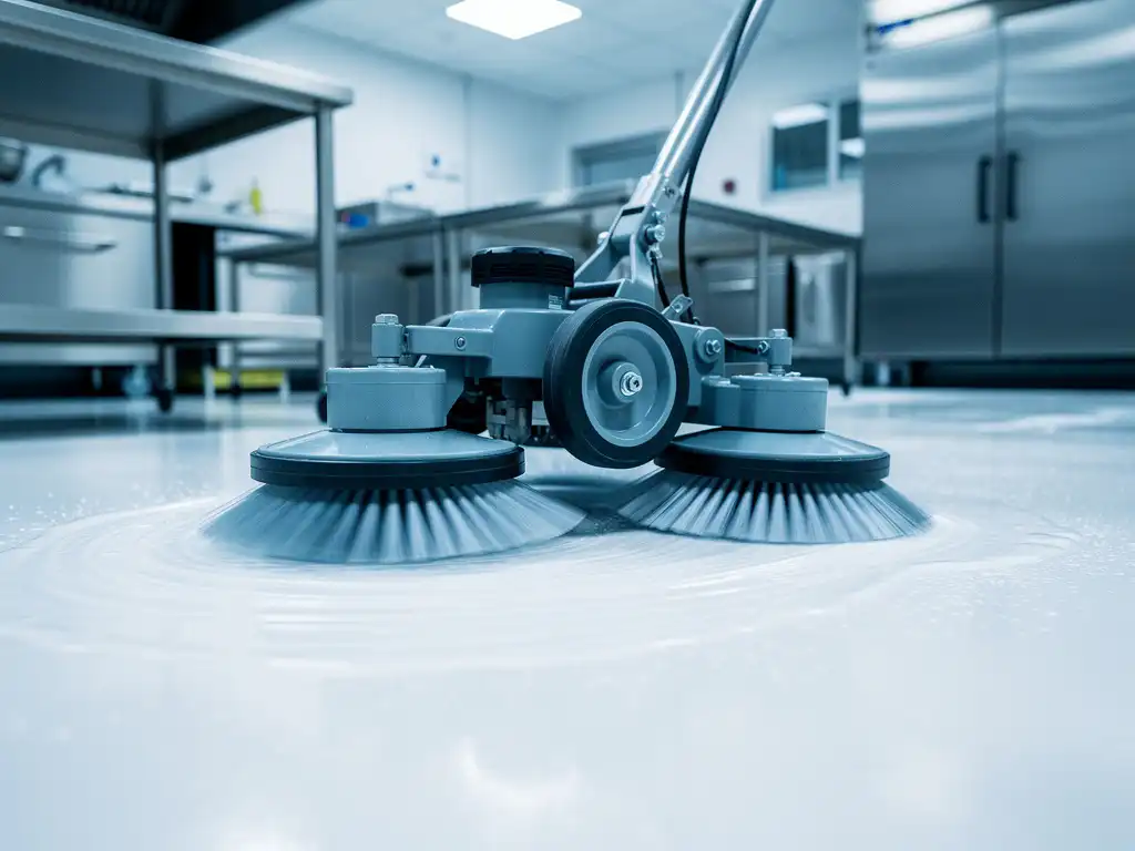 Professionele vloerschrobmachine met roterende borstels reinigt witte industriële keukenvloer in steriele omgeving