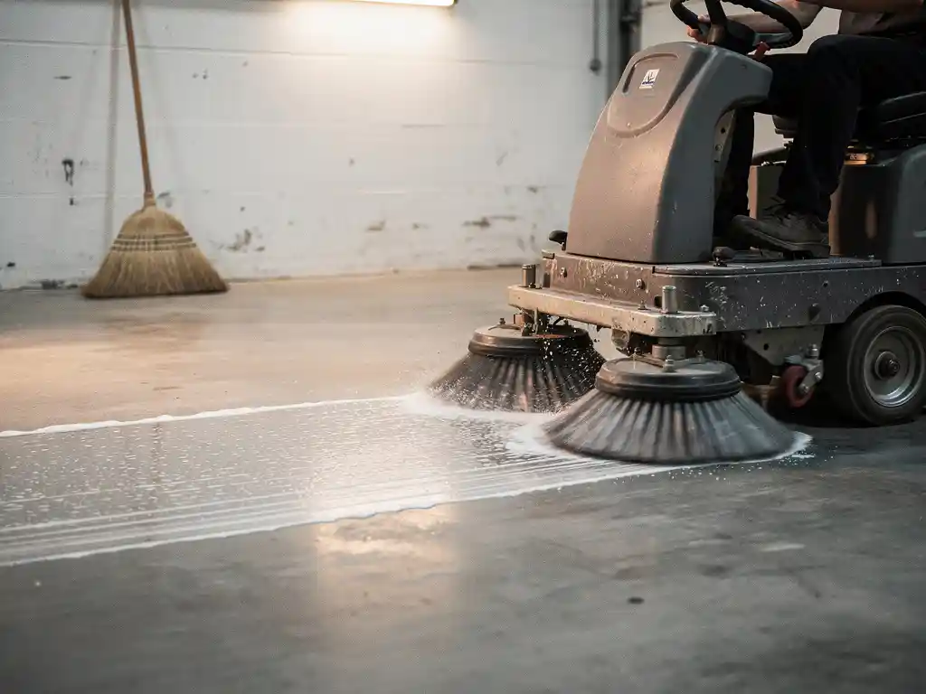 Professionele vloerschrobmachine met roterende borstels reinigt industri&euml;le betonvloer terwijl traditionele bezem ongebruikt tegen magazijnmuur staat