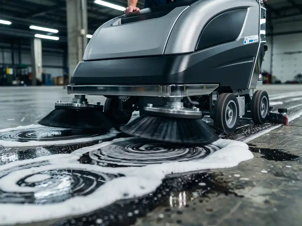 Professionele vloerschrobmachine met roterende borstels reinigt olievlekken op betonnen magazijnvloer met schuimend schoonmaakmiddel
