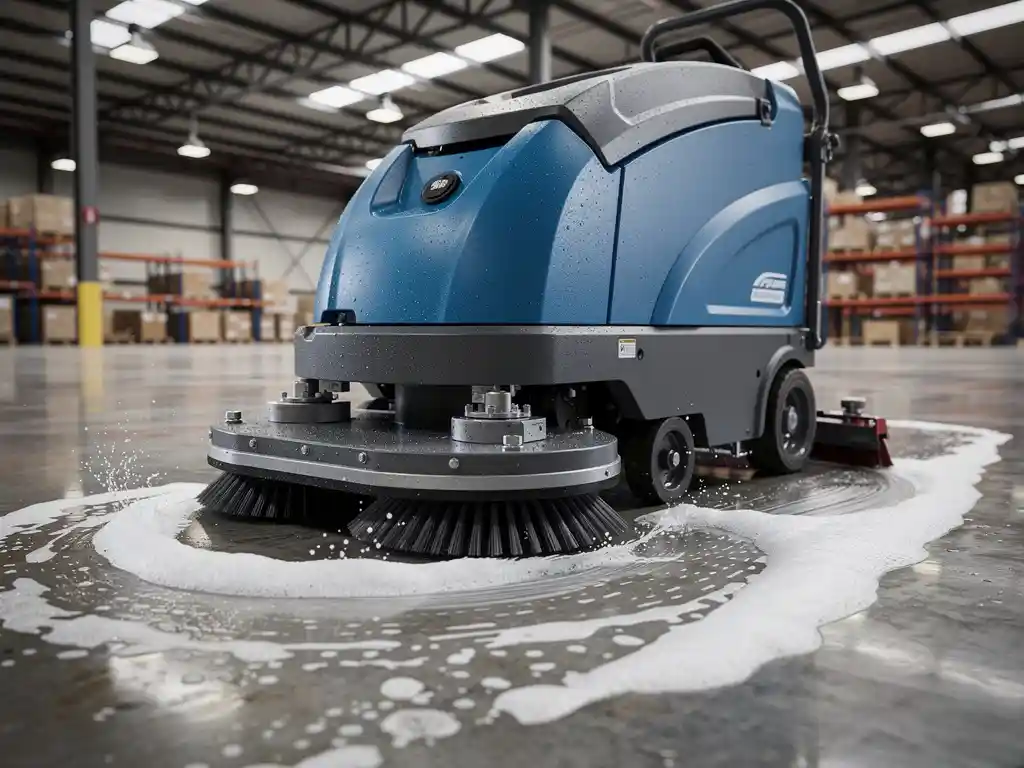 Professionele vloerschrobmachine met roterende borstels reinigt natte betonvloer in industrieel magazijn met waterdruppels en schuim
