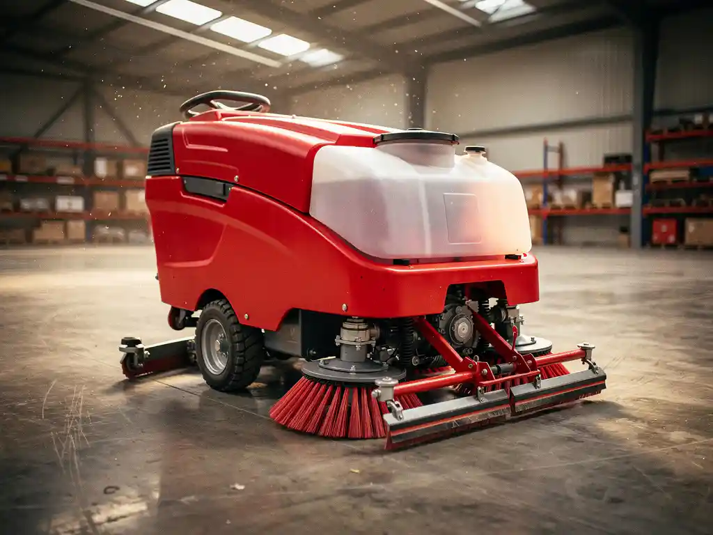 Rode industri&euml;le vloerschrobmachine met roterende borstels en watertank op gepolijste betonnen magazijnvloer