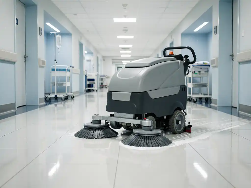 Professionele vloerschrobmachine reinigt witte ziekenhuisgang met roterende borstels, natte tegels reflecteren tl-verlichting