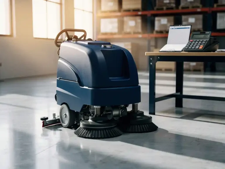 Industriële vloerveegmachine in magazijn met betonnen vloeren, rekenmachine en onderhoudsboek op werkbank