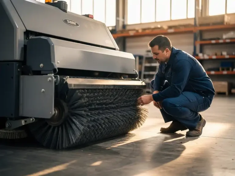 Technicus onderzoekt borstels van industriële vloerveegmachine in schone magazijnruimte met betonnen vloer